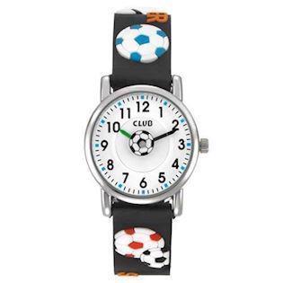 Club foldbold ur, med hvid urskive, sorte tal - og masser af fodbolde.